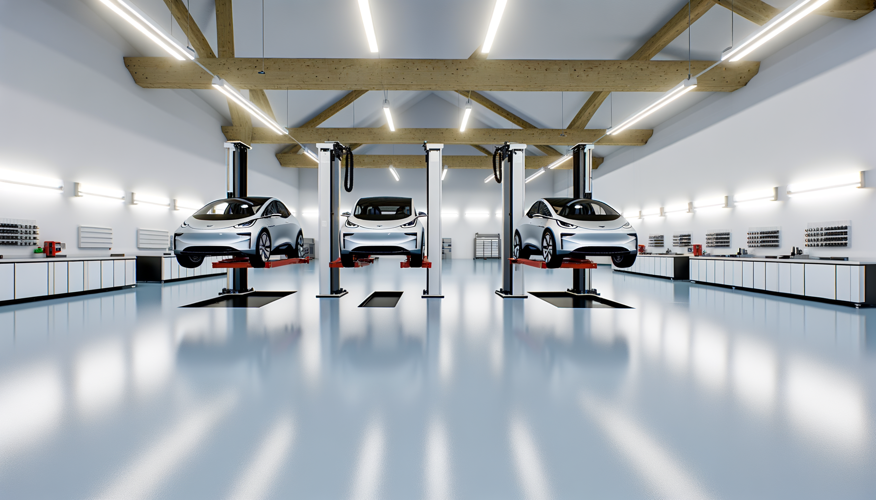 Tre elektriske biler på løfteplatforme i et moderne autoværksted med lyst interiør