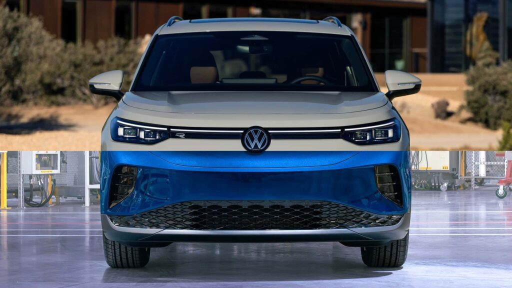 Frontbillede af en Volkswagen elbil, kombineret med fremtidsteknologi og moderne design