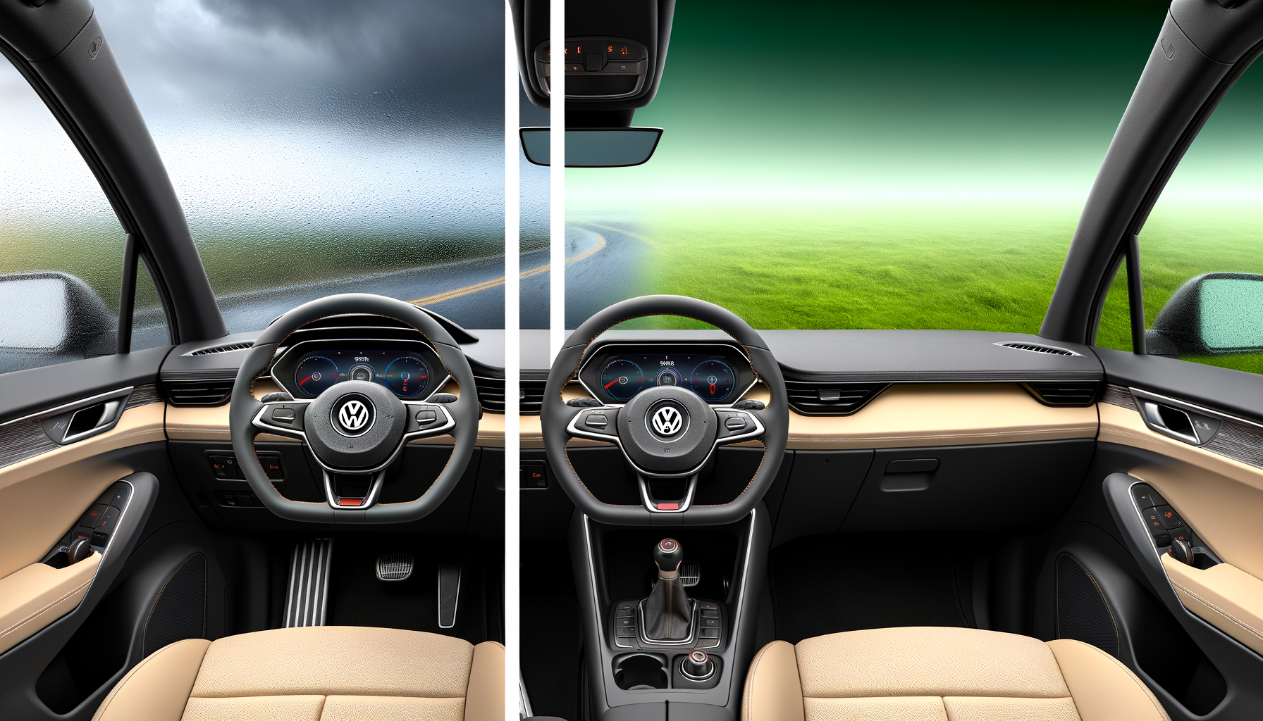 Interiør af en bil med digitalt display og skiftende vejrudsigt gennem forruden