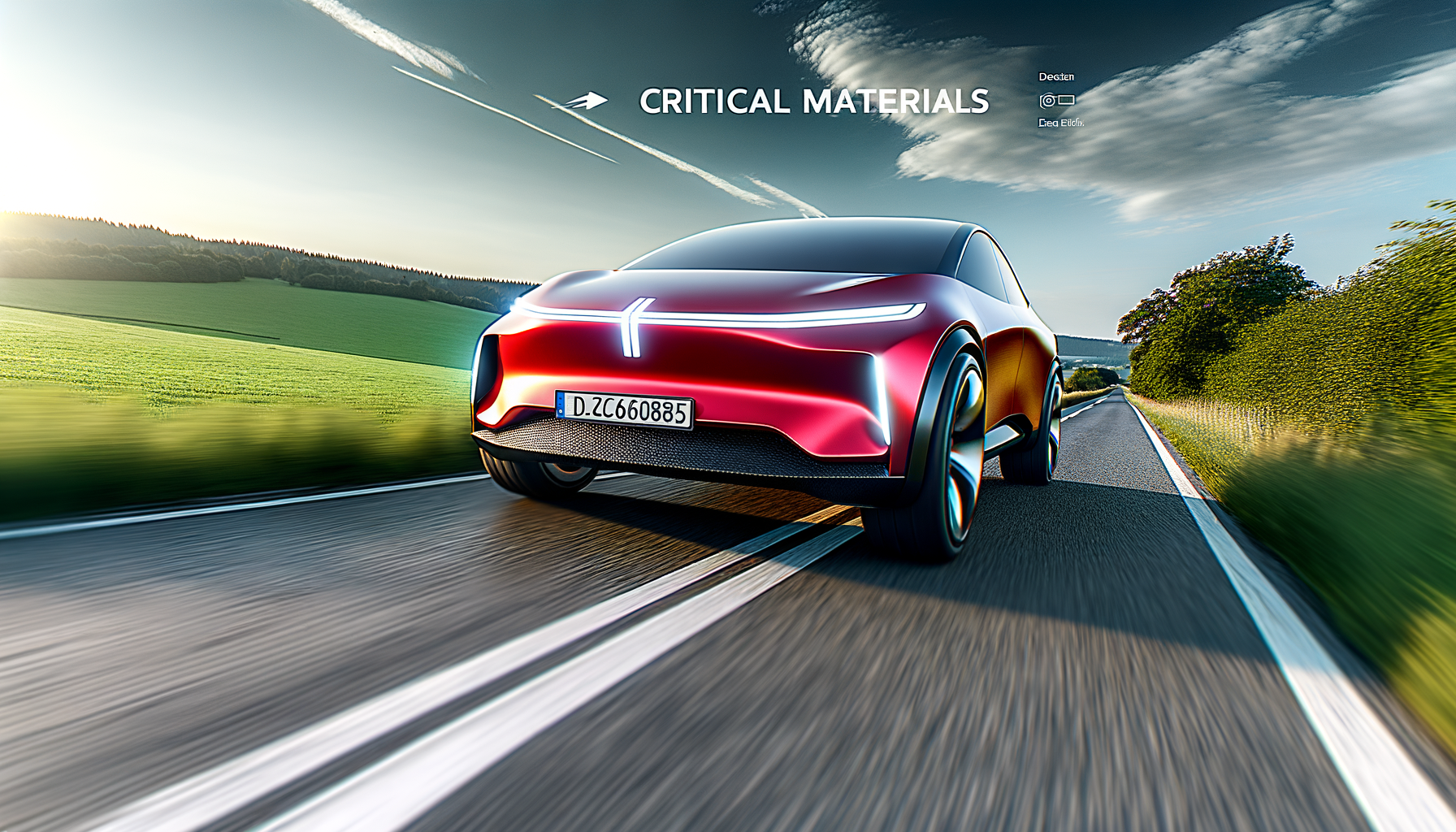 Futuristisk rød elbil kører hurtigt på en landevej omgivet af natur.