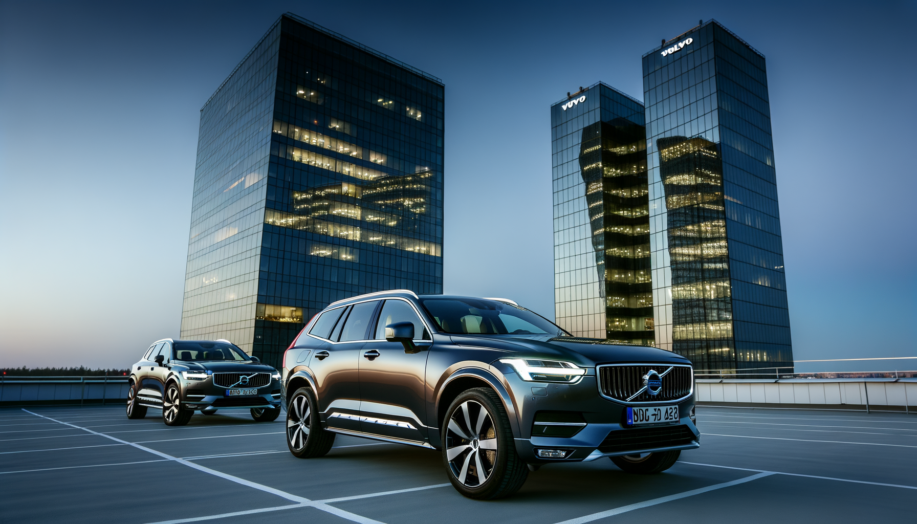 To moderne SUV'er parkeret foran højhuse om natten