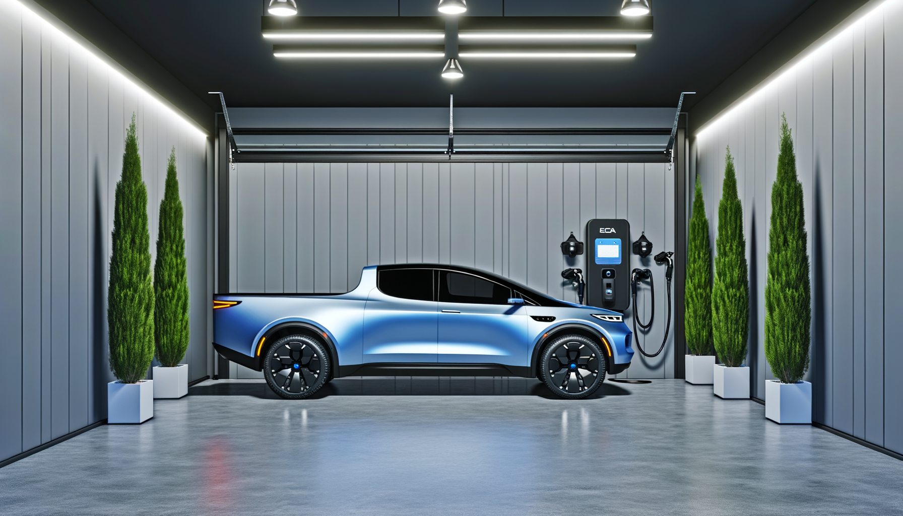 Elektrisk pickup truck parkeret i garage ved siden af ladestation