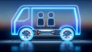 Futuristisk grafisk billede af en elbilschassis med to sæder, markeret med neonbelysning, illustrerer moderne elektrisk køretøjsteknologi