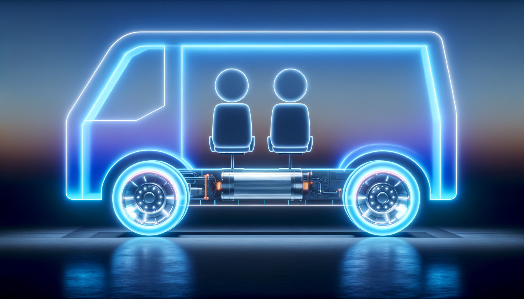 Futuristisk grafisk billede af en elbilschassis med to sæder, markeret med neonbelysning, illustrerer moderne elektrisk køretøjsteknologi