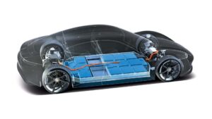 Gennemsigtig visning af Tesla elbilbatteri og motorkomponenter