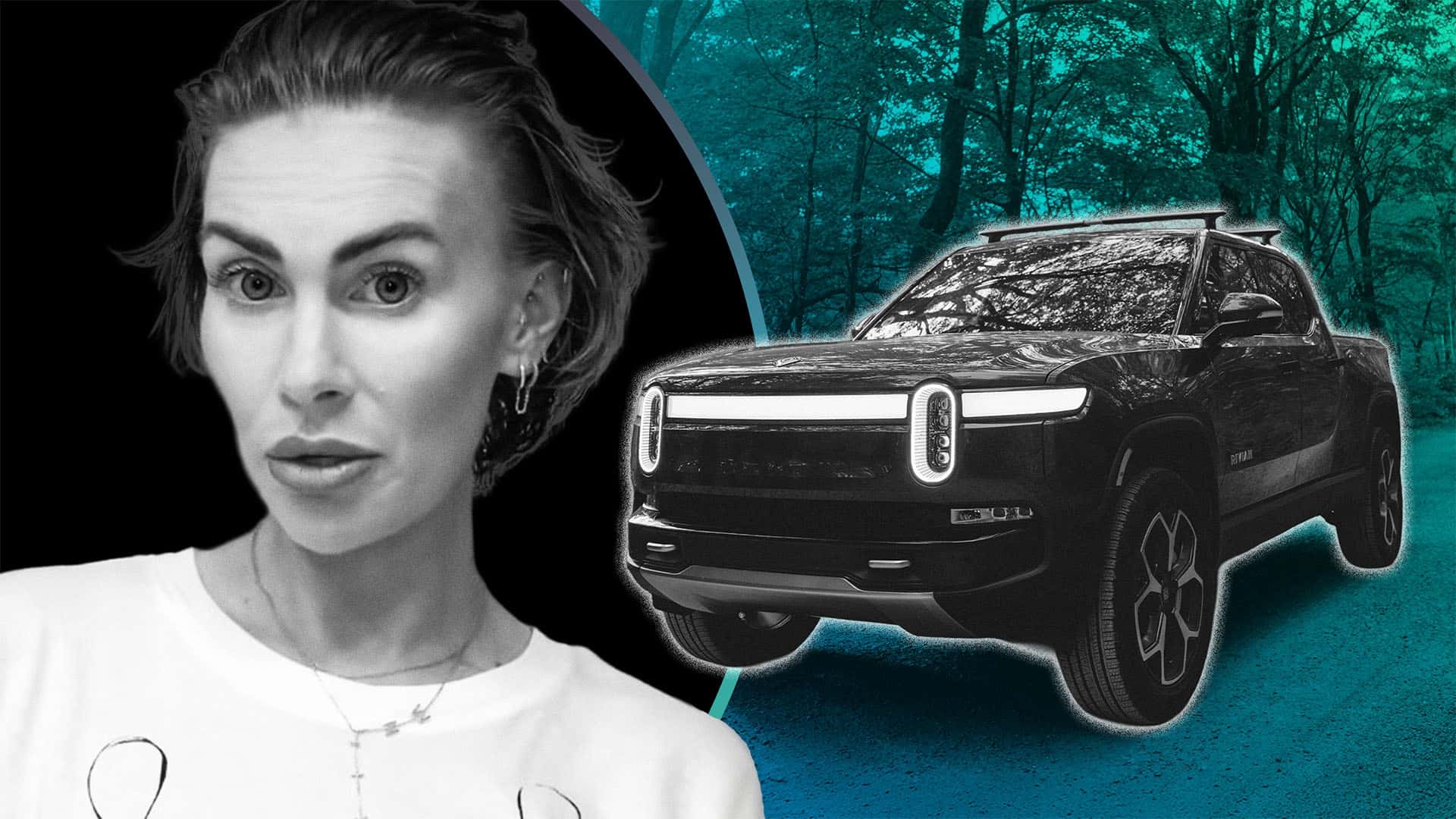 Kvinde portræt ved siden af elektrisk pickup truck i skovlandskab