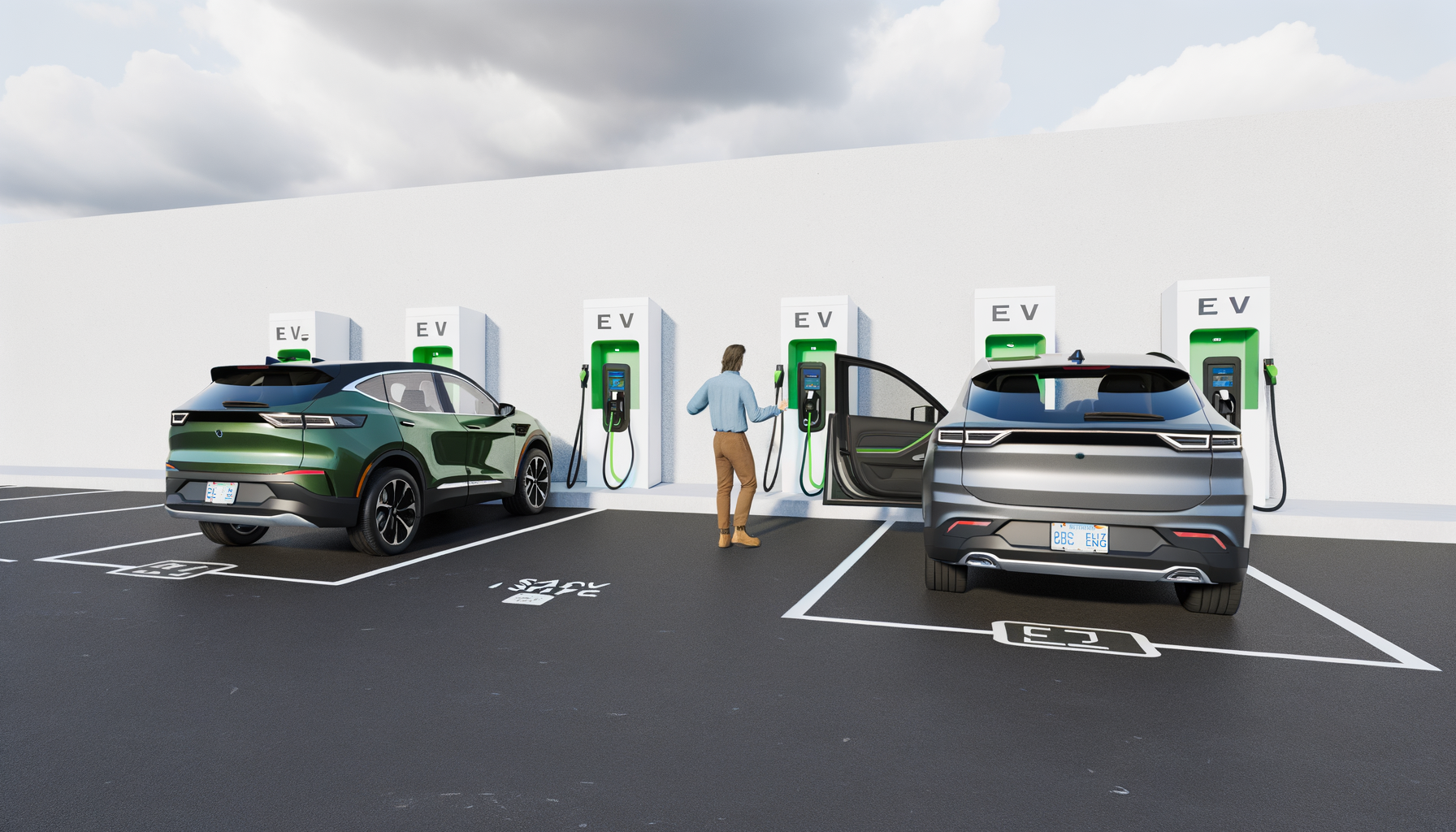 Mand oplader sin elbil ved en ladestation sammen med andre elektriske køretøjer.