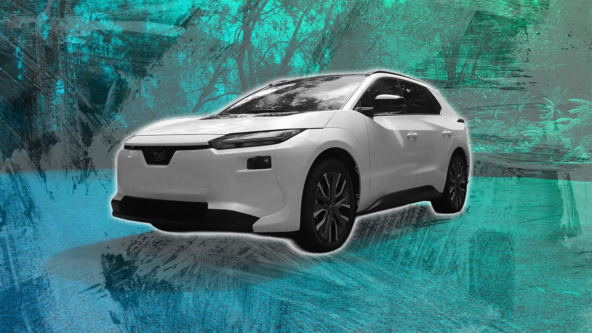 Moderne hvid elbil med futuristisk design på abstrakt baggrund