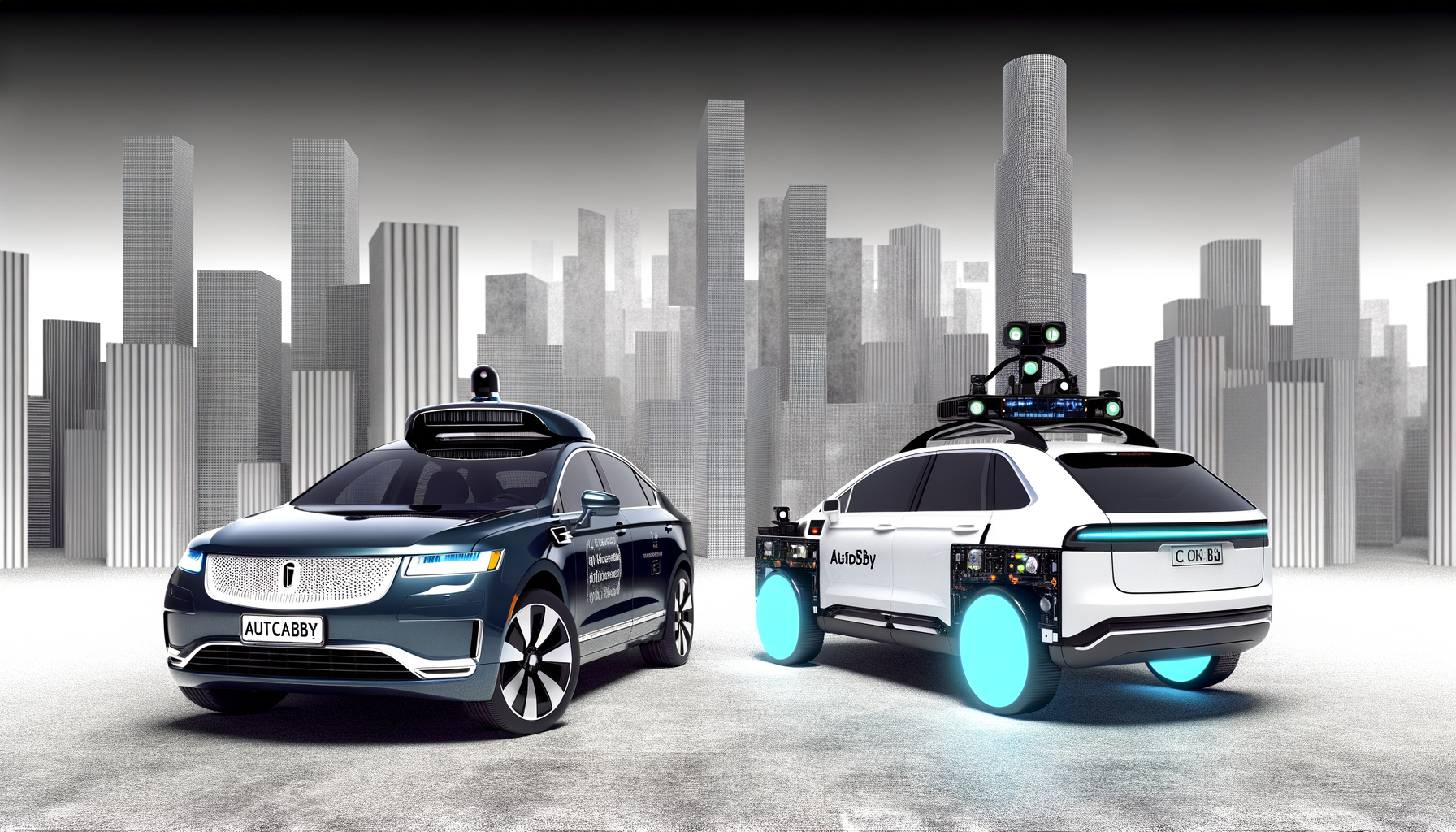 To futuristiske selvkørende biler i en by med høje skyskrabere.