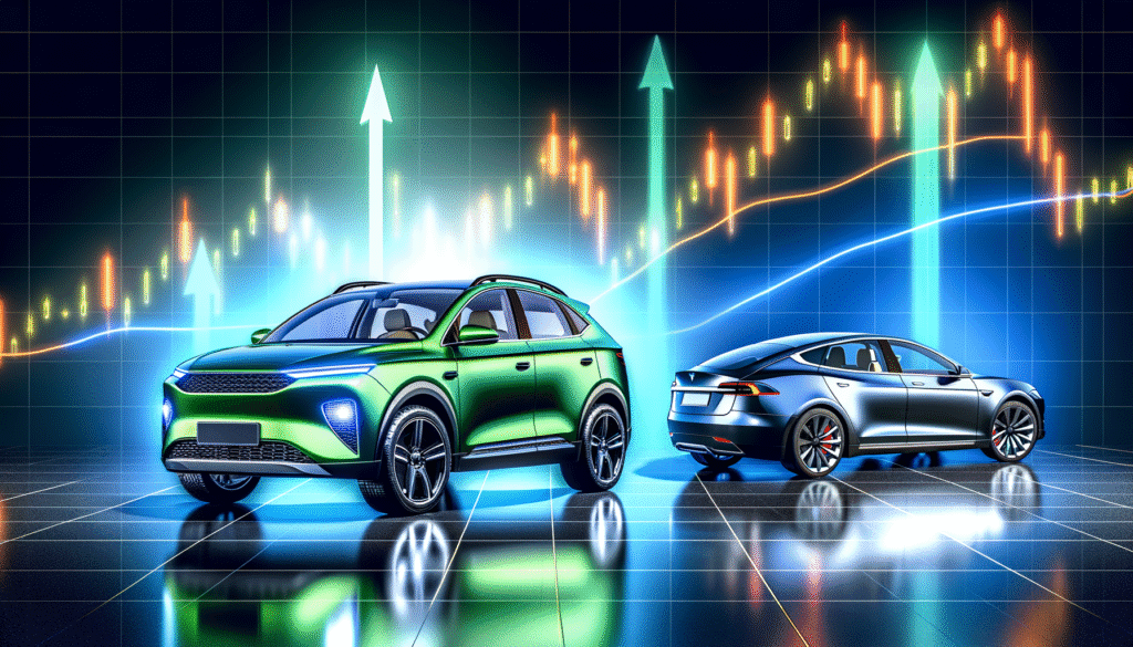 To elbiler foran en graf med stigende kurver og pile, der symboliserer vækst inden for elbilindustrien