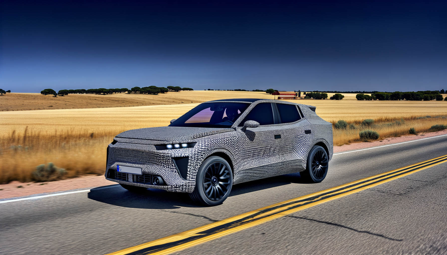 Prototype af elbil kører på landlig vej under blå himmel