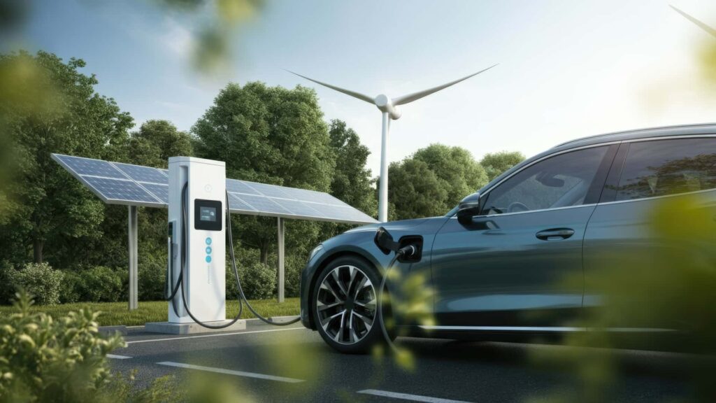 Elektrisk bil ved ladestation med solpaneler og vindmølle i baggrunden