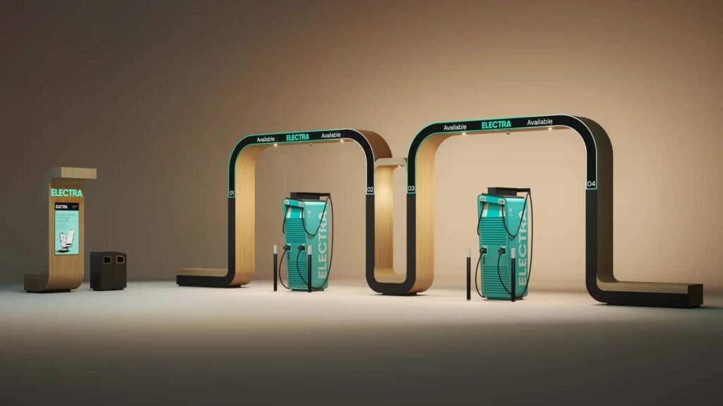 Futuristisk Electra ladestation til elbiler med flere ladestandere og avanceret design