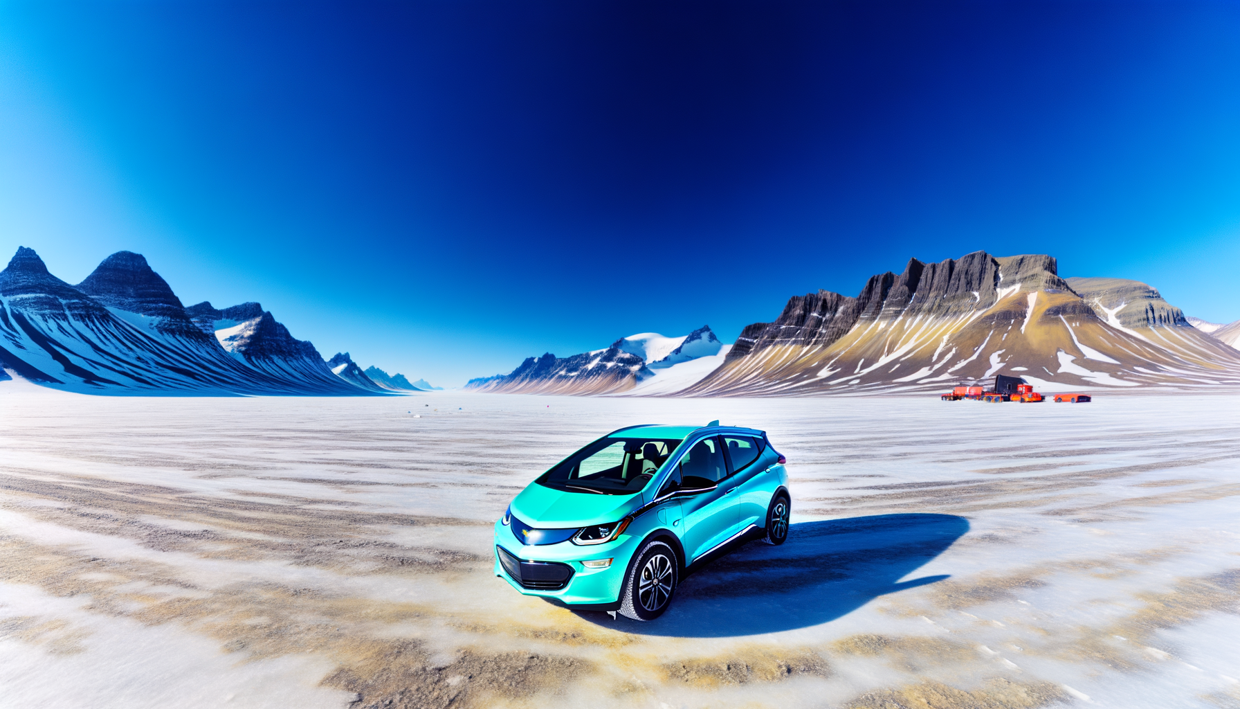 Elektrisk bil på snedækket landskab med bjerge i baggrunden