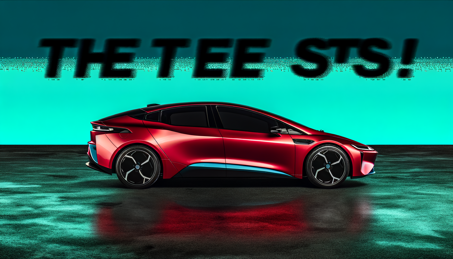 Futuristisk rød Tesla elbil parkeret på en reflekterende overflade med en gradient baggrund