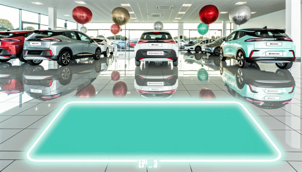 Moderne biludstilling med elektriske biler i et showroom dekoreret med store farverige kugler.