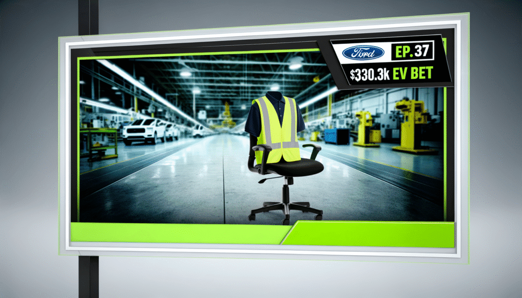 Fabrikslager med tom stol og sikkerhedsvest, elektroniske køretøjer i baggrunden