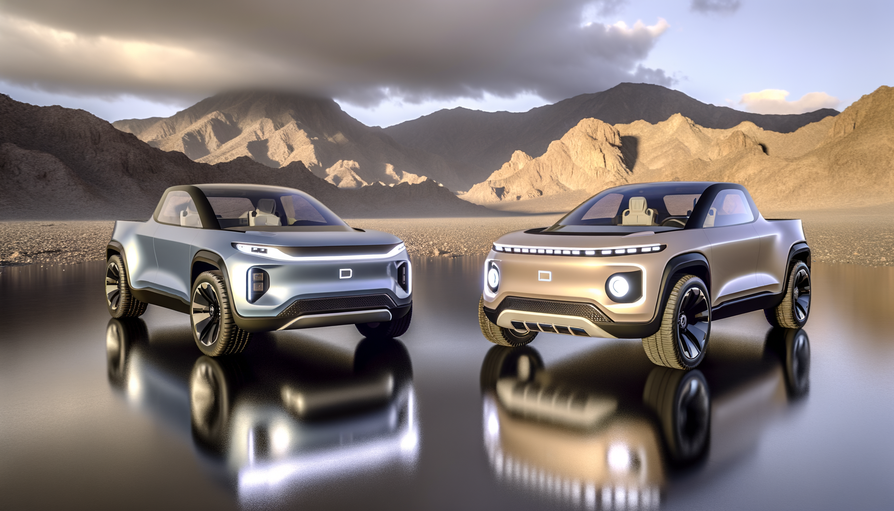 To futuristiske Tesla-konceptbiler i ørkenlandskab