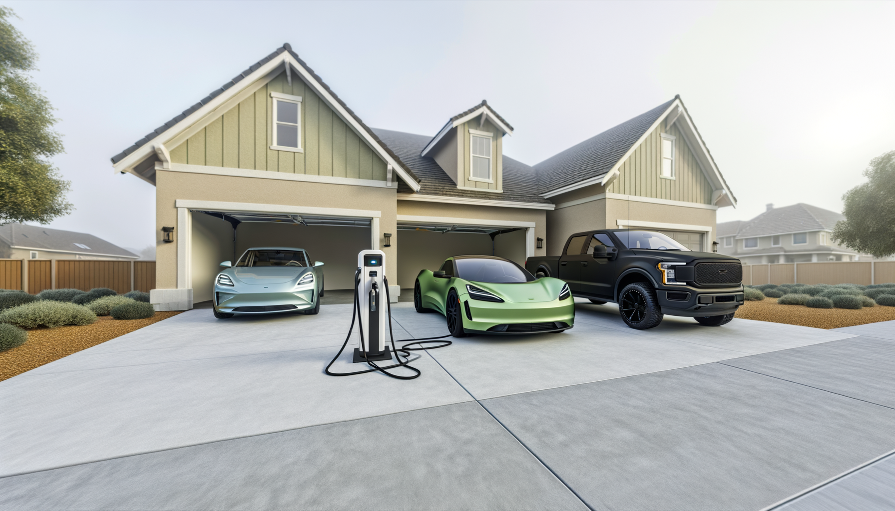 To elektriske biler oplades foran en moderne garage