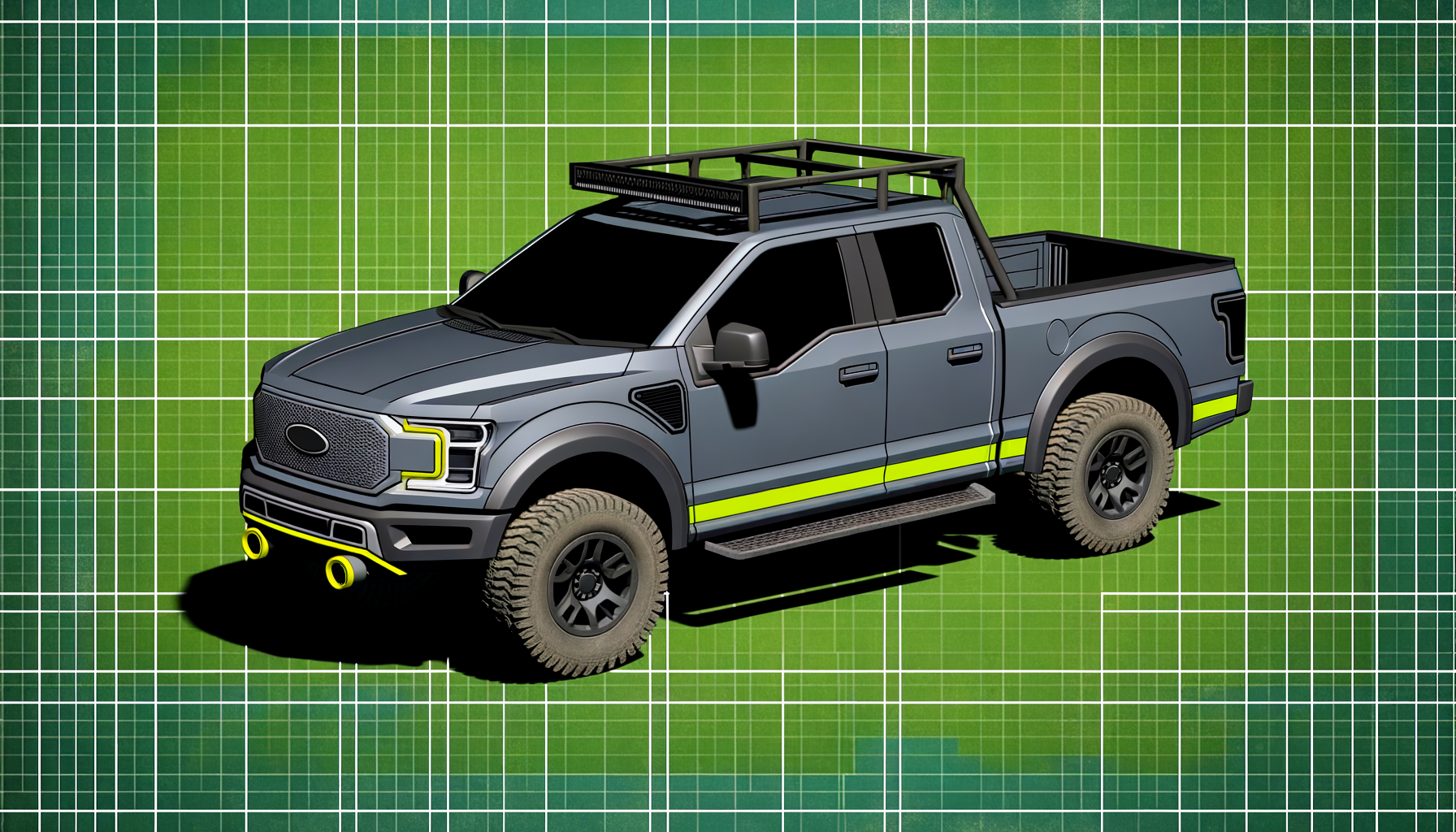 Illustration af en moderne elektrisk pickup truck med grøn baggrund