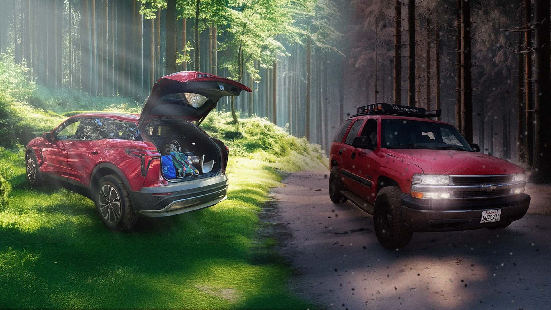 To røde biler parkeret i en skovfyldt scene, en elektrisk SUV med opbevaringsplads og en robust offroader.