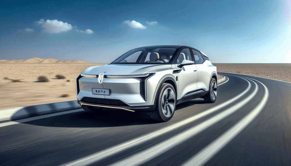 Elektrisk bil kører på en omegnsvej i en ørkenlandskab under en klar blå himmel