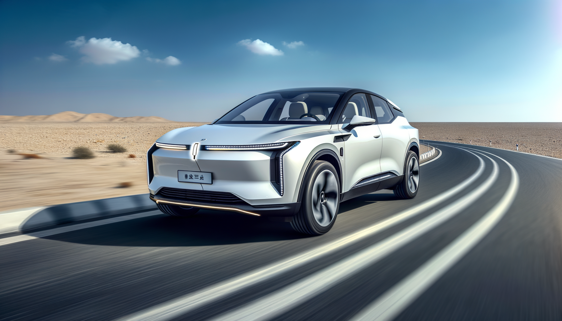 Elektrisk bil kører på en omegnsvej i en ørkenlandskab under en klar blå himmel