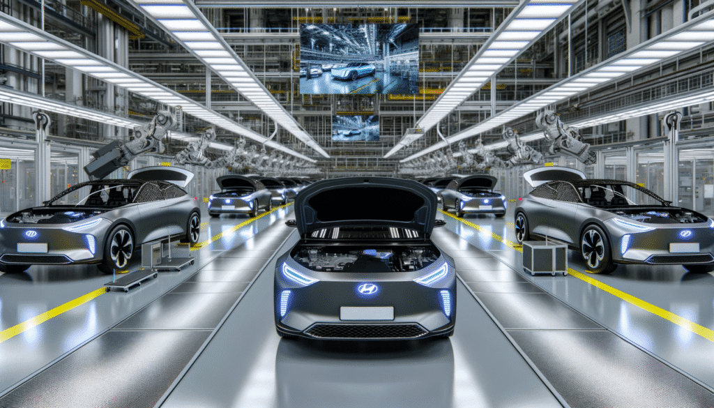 Moderne bilproduktionslinje med elektriske biler i fabrikshal