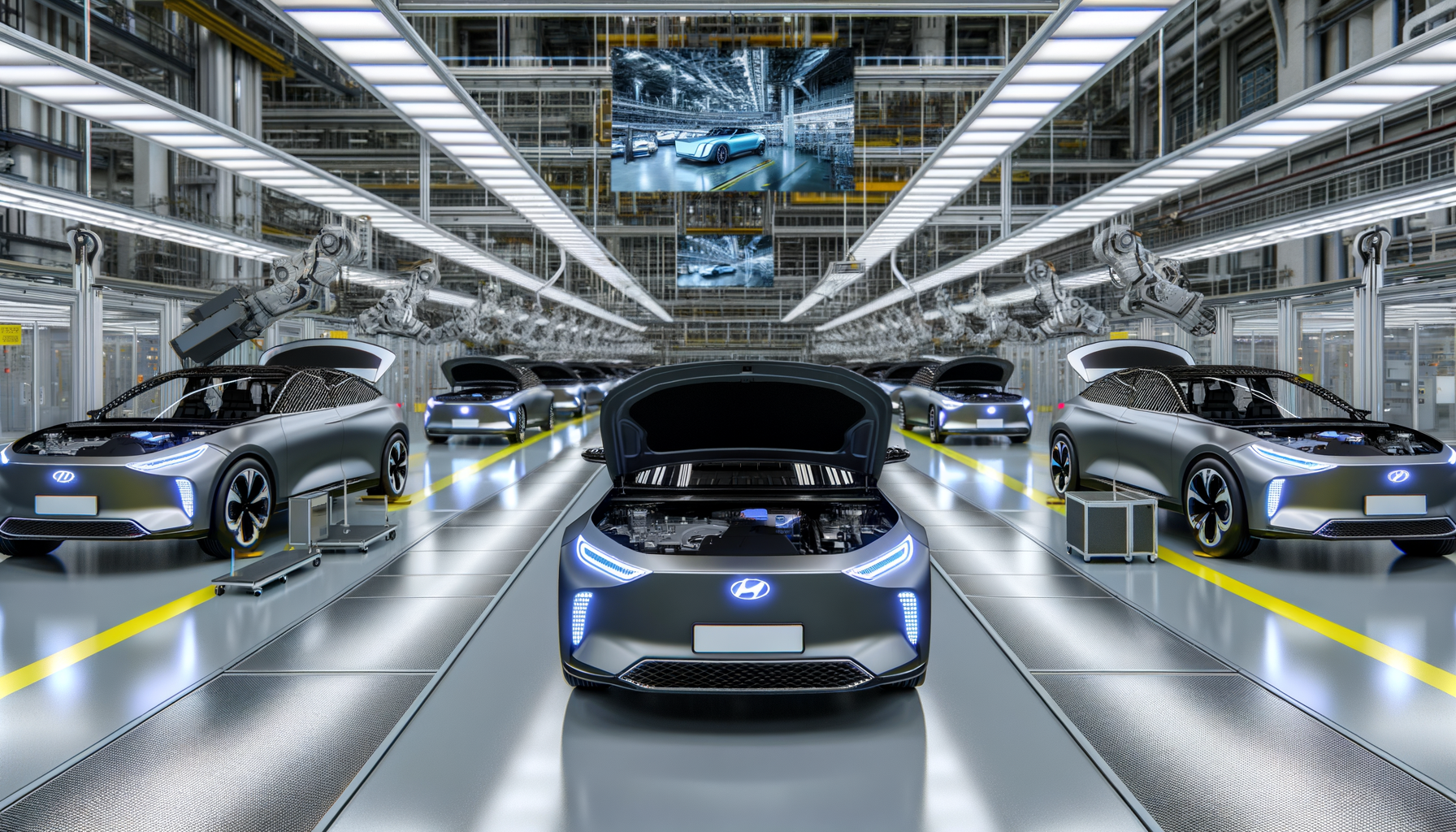 Moderne bilproduktionslinje med elektriske biler i fabrikshal