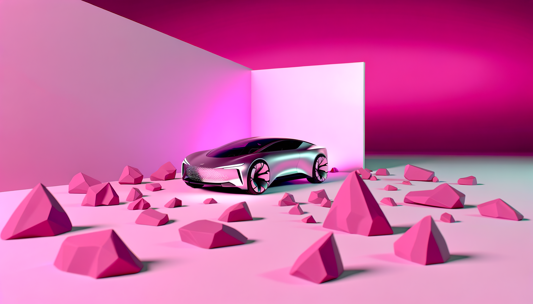 Futuristisk elektrisk bil i et neon lys landskab med geometriske former