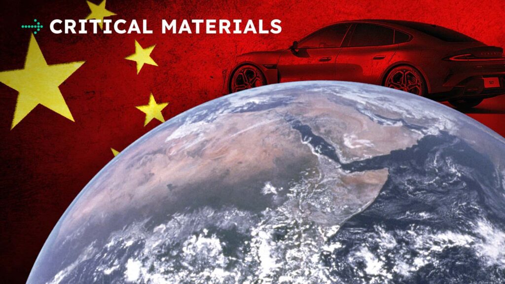 Billedcollage af jorden fra rummet, kinesisk flag og bil med teksten 'kritiske materialer'.