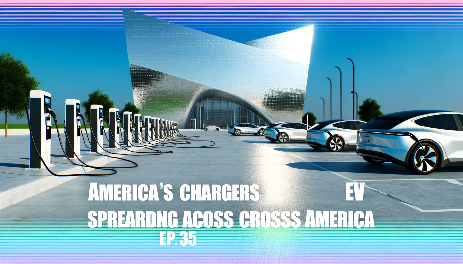 Række af elektriske bilopladere foran moderne arkitektur og elektriske biler parkeret på række