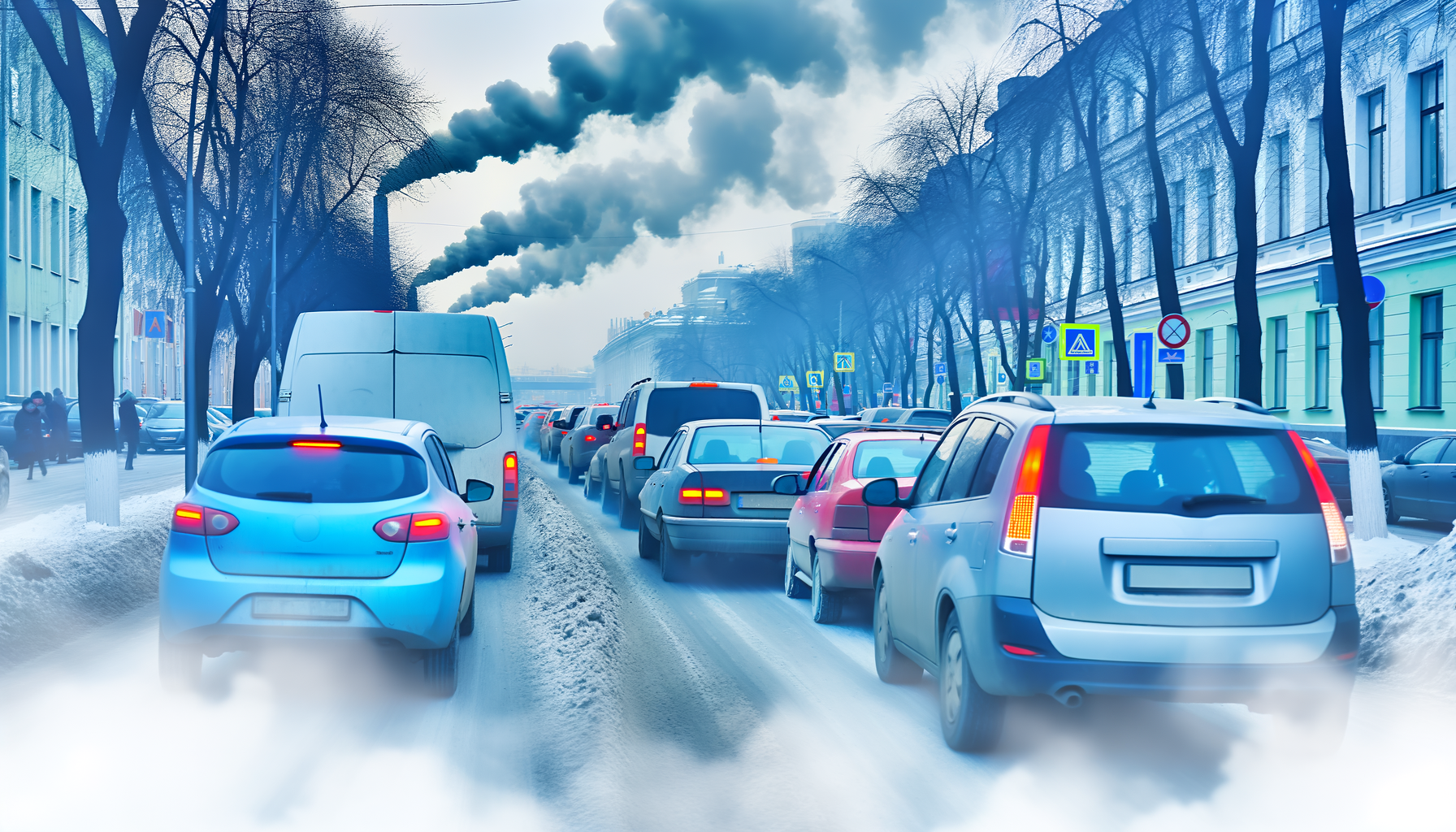 Trafikprop i vinterlandskab med biludstødning og luftforurening
