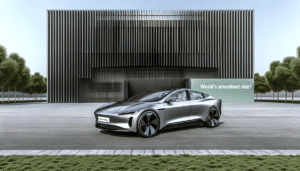 Futuristisk elektrisk bil foran moderne bygning med skiltet 'World's smoothest ride?' i baggrunden