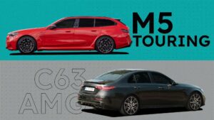 Rød M5 Touring bil ved siden af sort C63 AMG bil