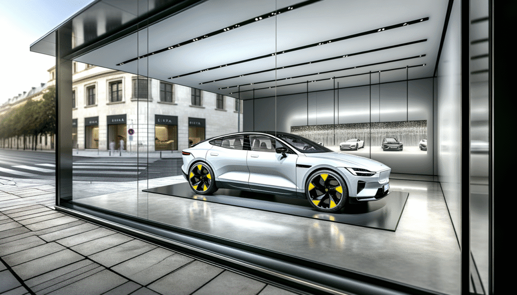 Futuristisk elektrisk bil udstillet i moderne glasbygning i bymiljø