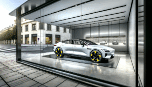 Futuristisk elektrisk bil udstillet i moderne glasbygning i bymiljø
