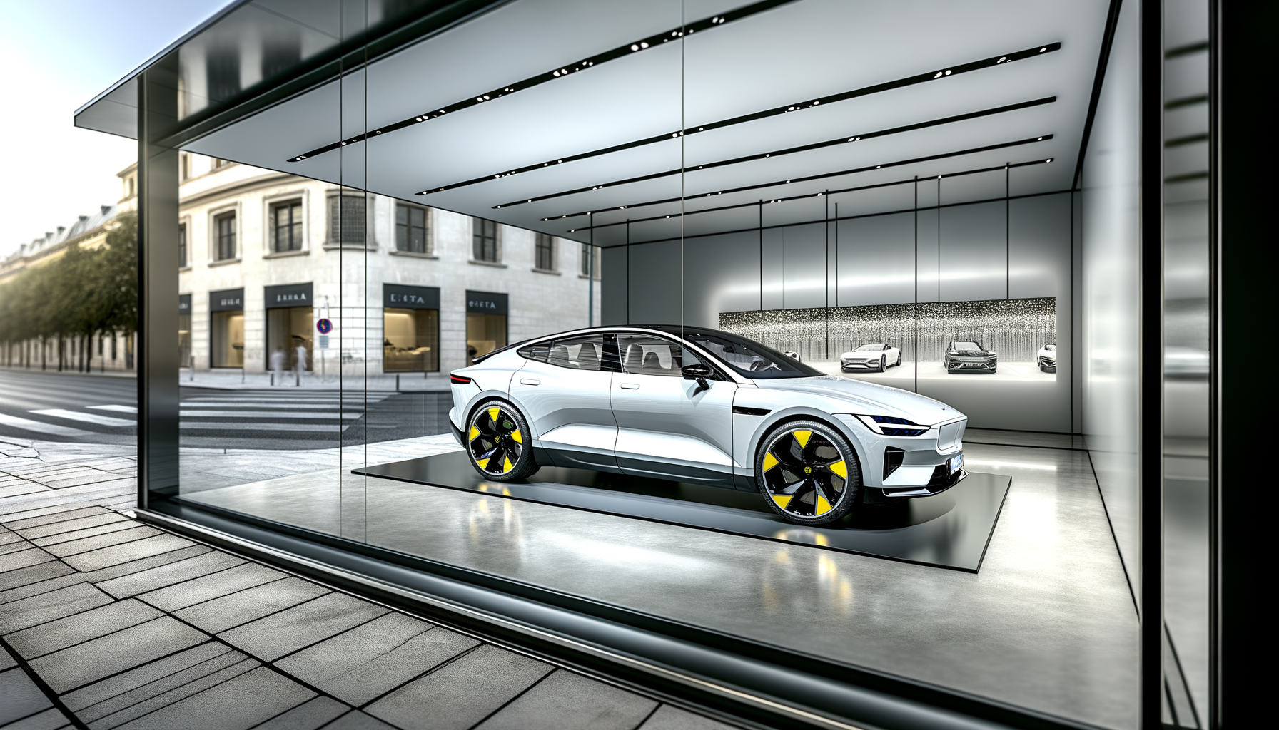 Futuristisk elektrisk bil udstillet i moderne glasbygning i bymiljø