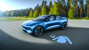 En blå Tesla elbil parkeret i et naturskønt område med skov i baggrunden, omgivet af en skjorte og sko på jorden.