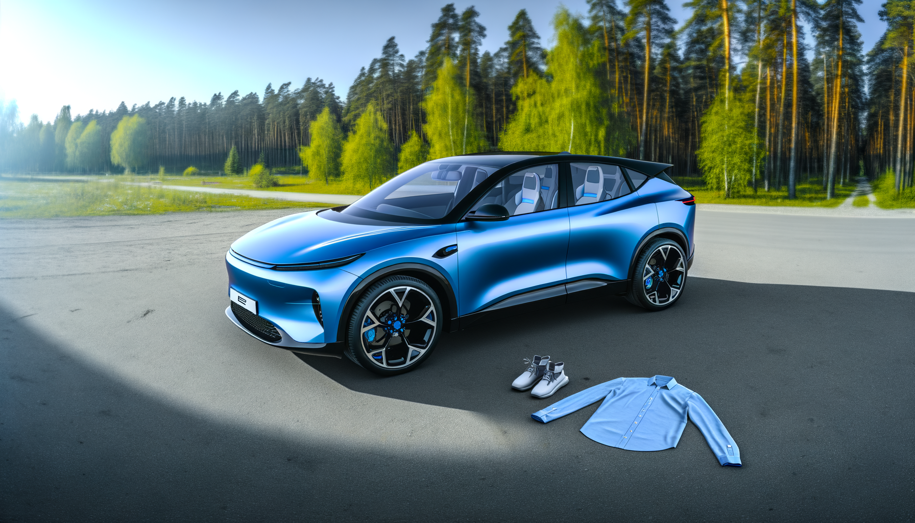 En blå Tesla elbil parkeret i et naturskønt område med skov i baggrunden, omgivet af en skjorte og sko på jorden.