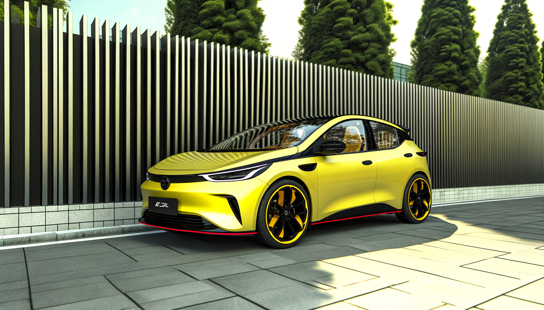Lys gul elbil parkeret ved en moderne mur med høje træer i baggrunden