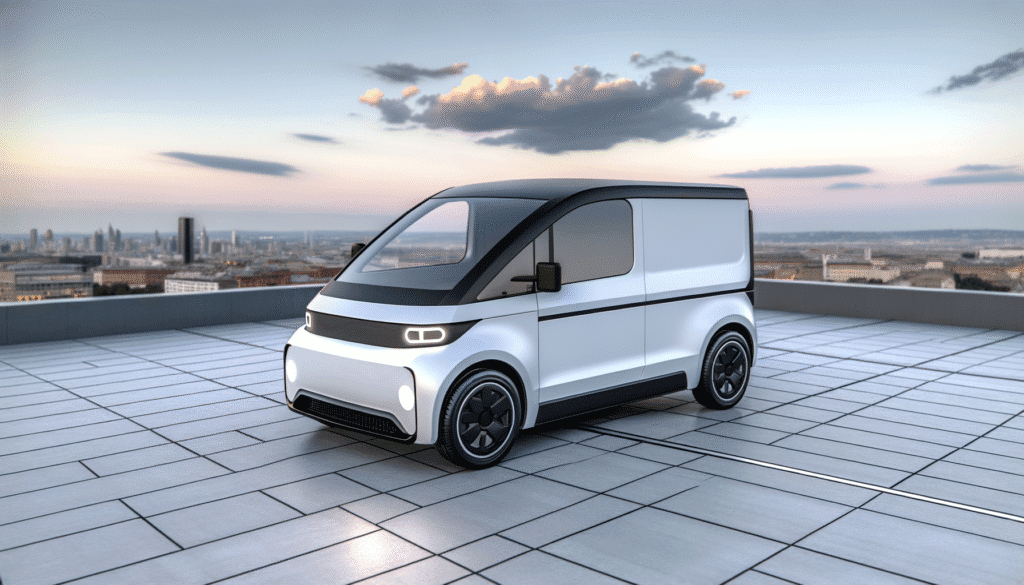 Futuristisk elektrisk varevogn står parkeret på en moderne tagterrasse med byens skyline i baggrunden