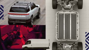 Elektrisk køretøj collage med SUV bagfra, mand i førersæde, elektrisk chassis og varevogn sideprofil