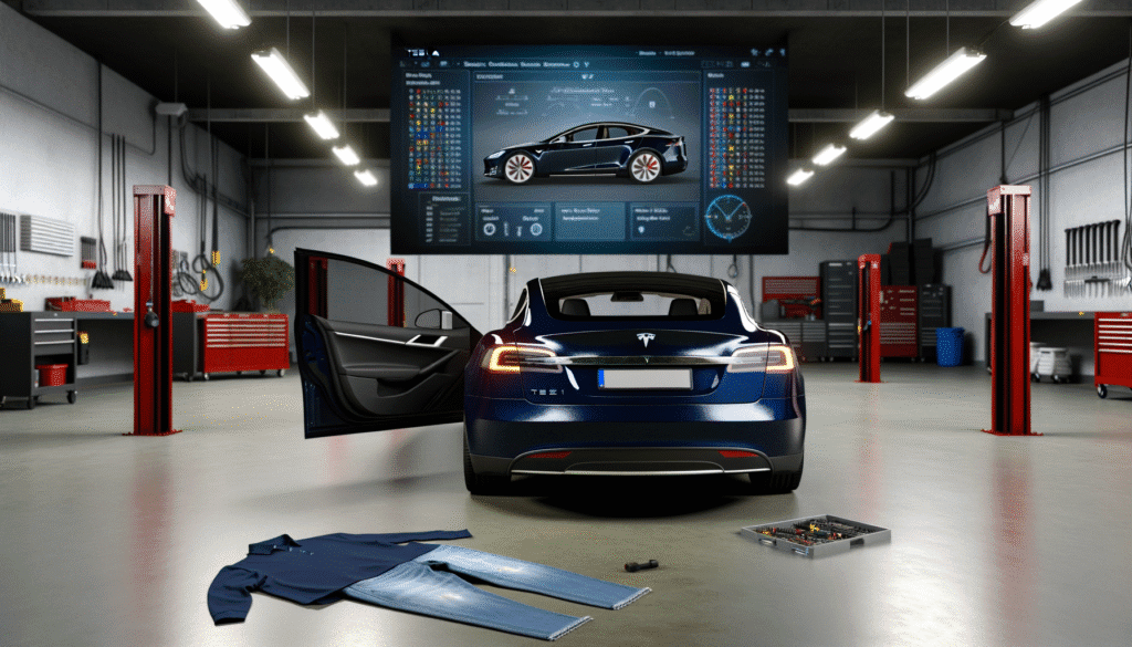Tesla i værksted med åbne døre og elektronisk dashboard på skærm