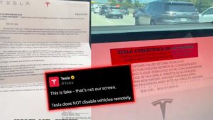 Tesla skærmbillede med advarsel om deaktivering af Cybertruck og kommentar fra Tesla, der angiver, at dette ikke er deres skærm