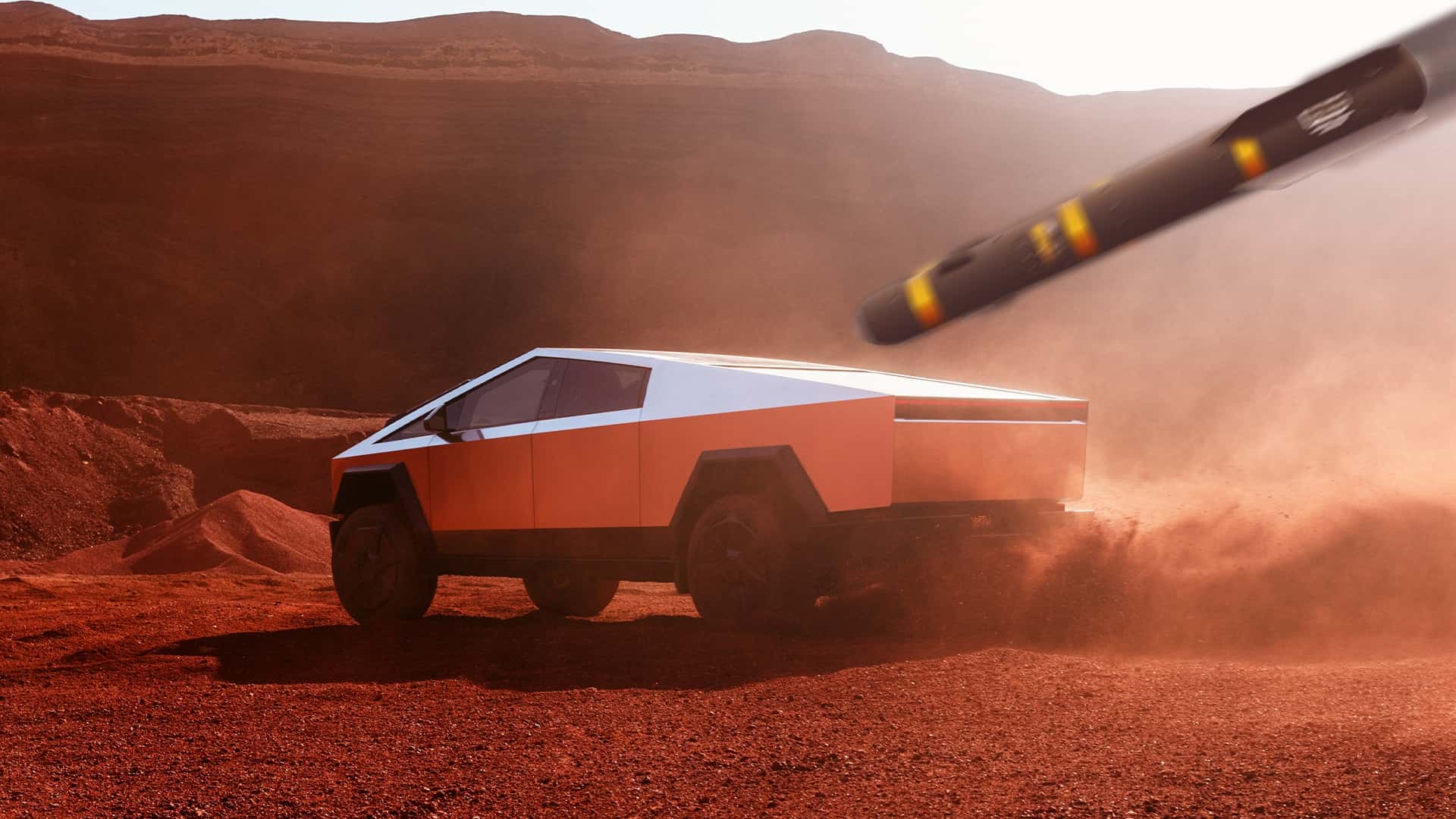 Tesla Cybertruck kører i en støvet ørken med en stor raket overflyvende