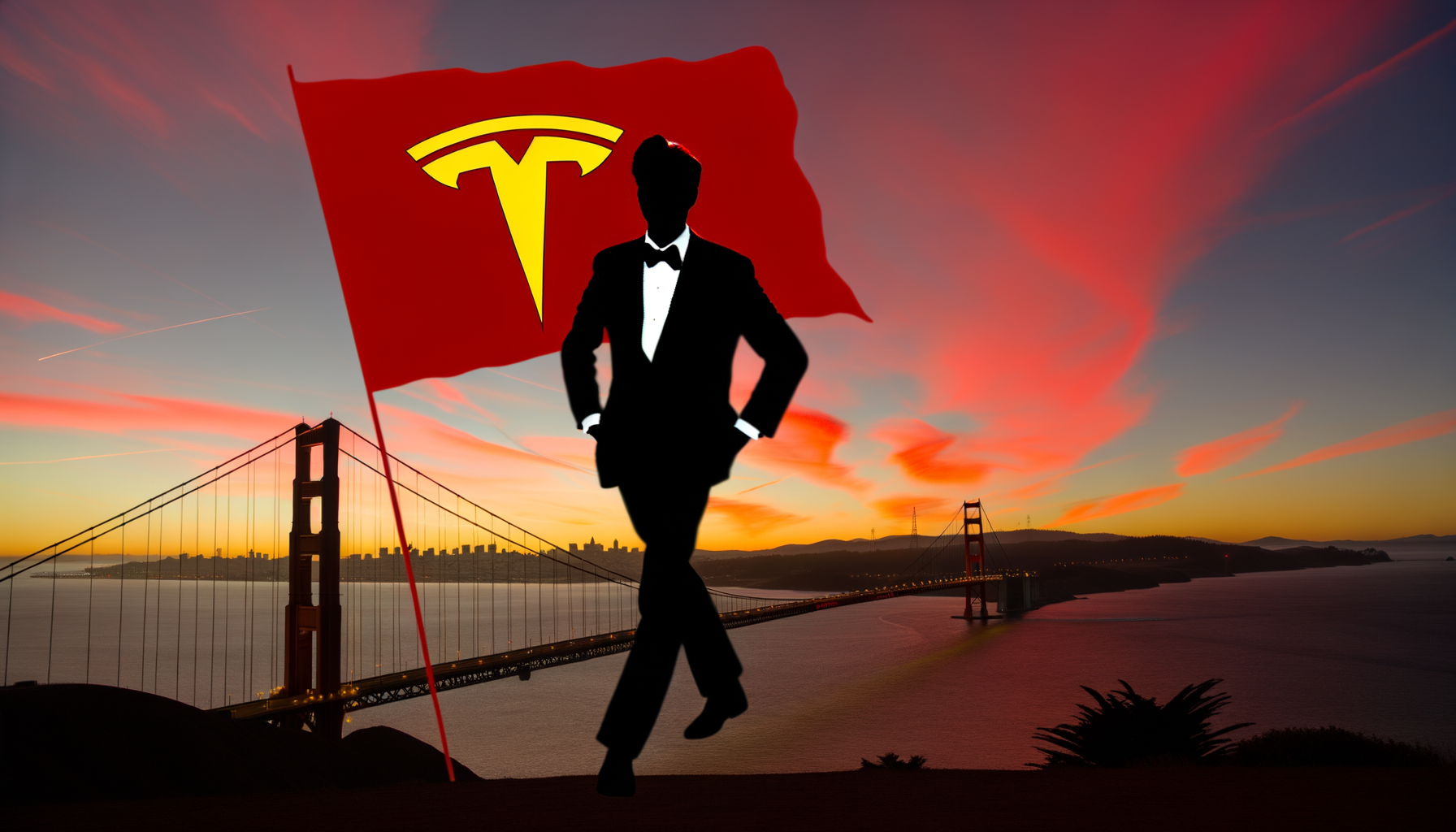 Silhuet af person i smoking foran Tesla-flag og Golden Gate-broen i solnedgangen