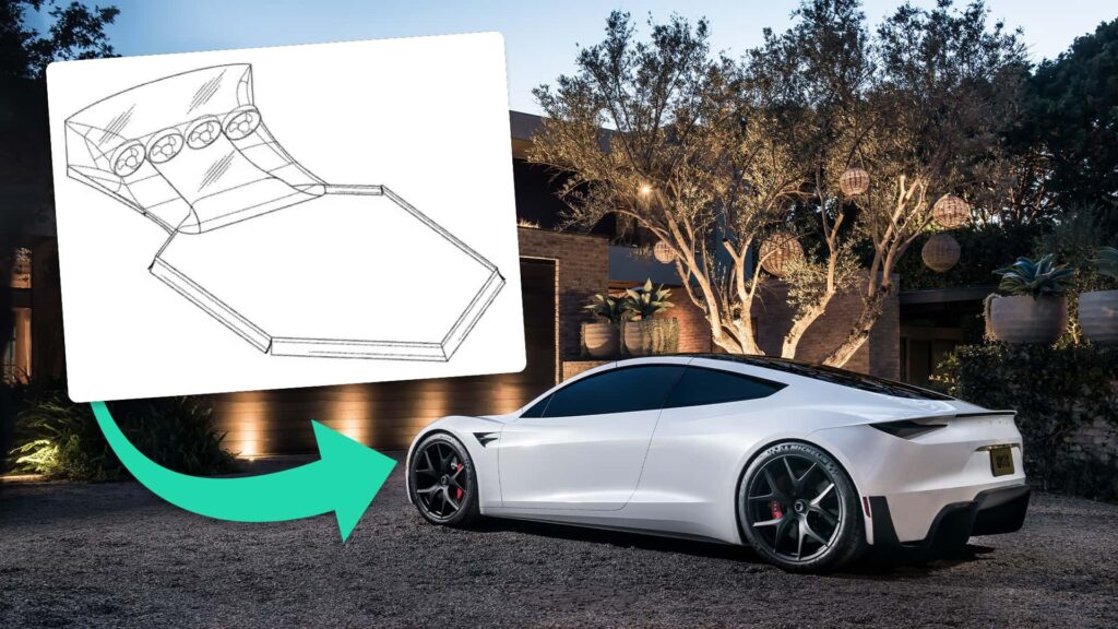 Tesla koncept model med teknisk designskitse, fremhæver innovative køreegenskaber og aerodynamik