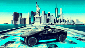 Futuristisk elbilstaxi ved New Yorks skyline med Frihedsgudinden i baggrunden