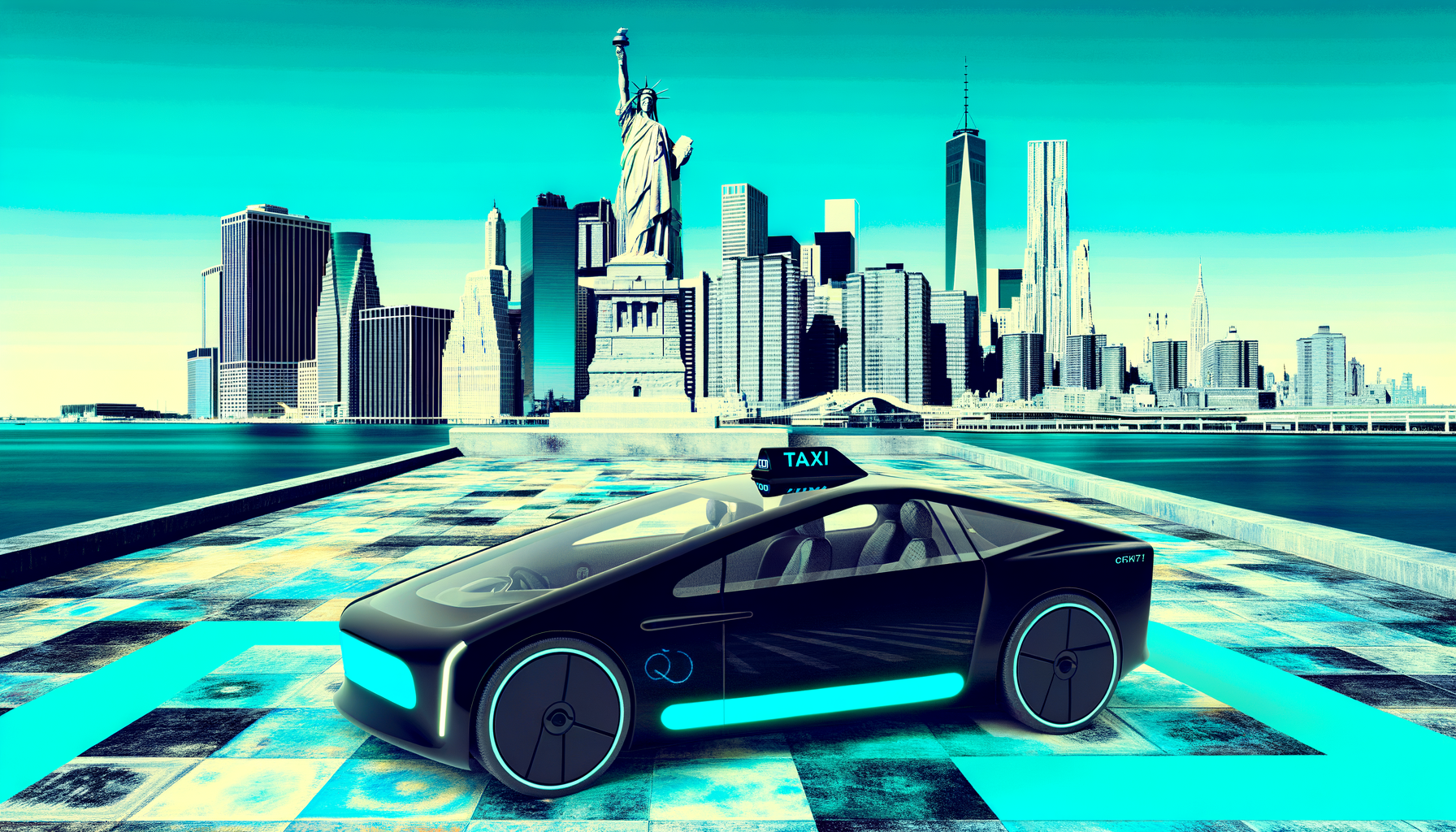 Futuristisk elbilstaxi ved New Yorks skyline med Frihedsgudinden i baggrunden